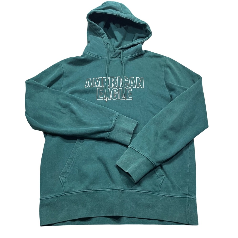 American Eagle Mens Super Soft Hoodie Green Logo Fleece Pullover Medium